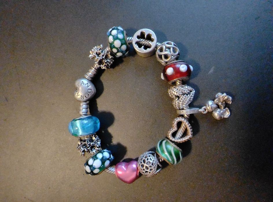 Bransoletka Pandora 14 x charms szkło murano srebro pr925