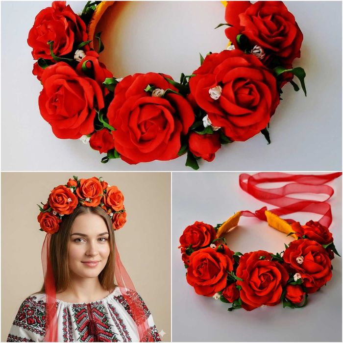 Український віночок червоний пишний з трояндами обруч вінок з квітами