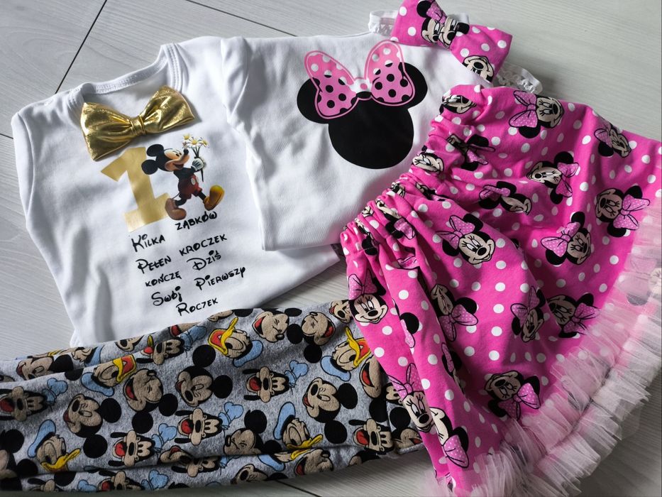 Komplet tiulowy różowy Minnie miś na roczek dziewczynki