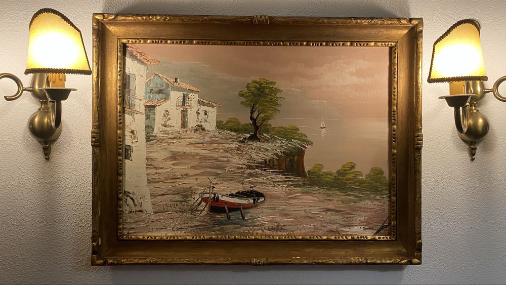 Quadro paisagem a oleo sobre tela 80*60, com moldura talha dourada