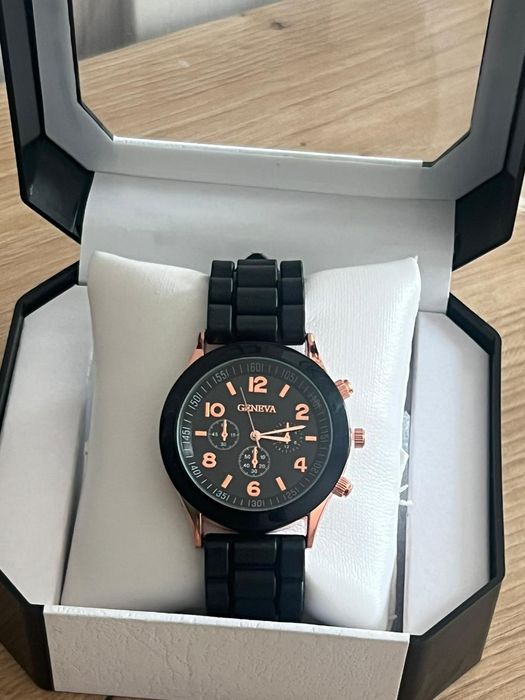 Damski zegarek Geneva – czarny pasek, elegancki styl, nowy