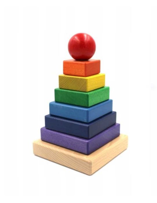 Klocki drewniane Tarnawa Wieża tęczowa kwadrat piramida Montessori 1+ FSC