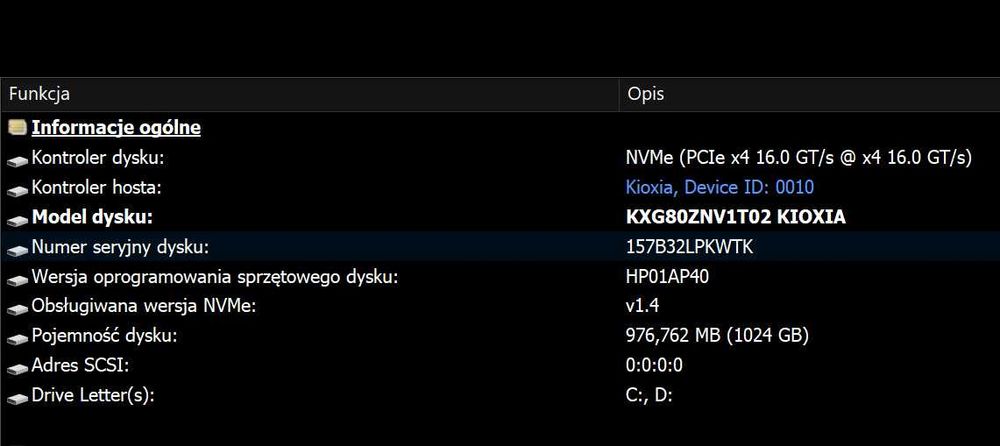 Dysk 1TB KIOXIA XG8 M.2 2280 PCI-E x4 Gen4 NVMe (KXG80ZNV1T02) p.nowy!