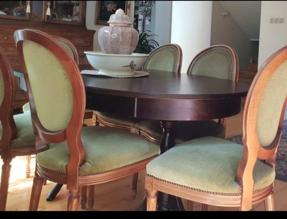 Komplet krzeseł medalion zielony welur, dąb