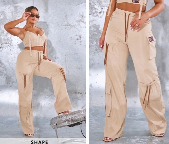 PrettyLittleThing 46r beżowe szerokie spodnie cargo spadochronowe