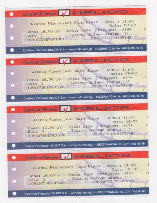 Bilety kinowe kolekcjonerskie Centrum Filmowe Helios 09.02.2003 Władca Pierścieni Dwie Wieże zestaw 4 sztuki