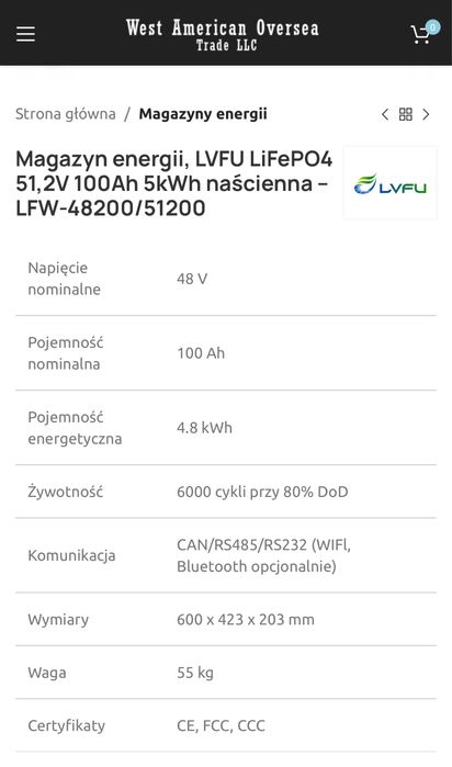 LifePO4  5.12 kwh kupujesz od przedstawiciela producenta LFVU