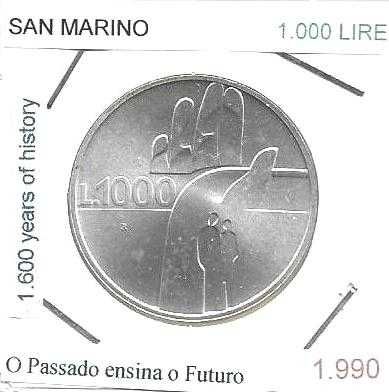 San Marino - - 1.000 Lire - 1990 - - Passado Futuro - - Moeda de Prata
