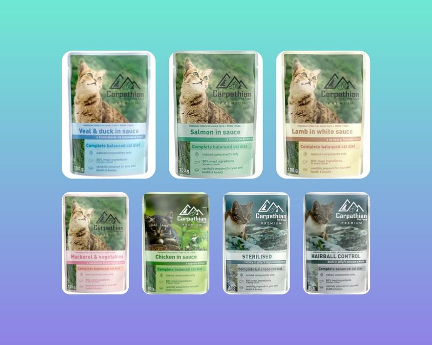 Вологий корм для котів Carpathian Pet Food вага 80г та 100г