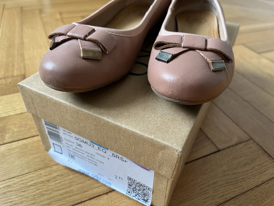 Baleriny różowe z kokardką RYŁKO czółenka damskie skóra (rozmiar 36)