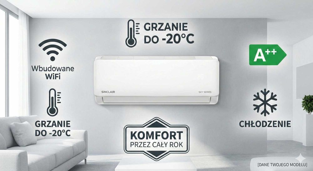 Klimatyzator Sinclair SKY 3.2kW – WiFi, Grzanie do -20°C, Gwarancja!