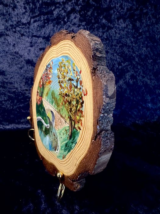 Ponte de Outono sobre o Rio – Arte em Madeira Pintada à Mão