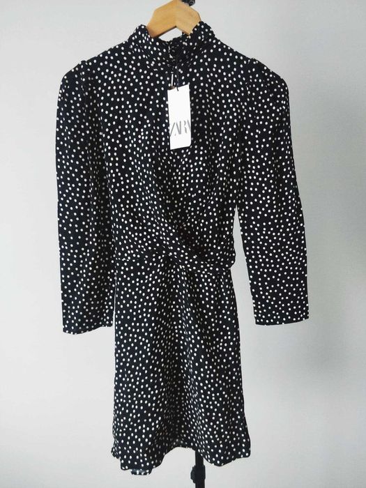 Zara nowa wiskozowa czarna sukienka w kropki  XS 34