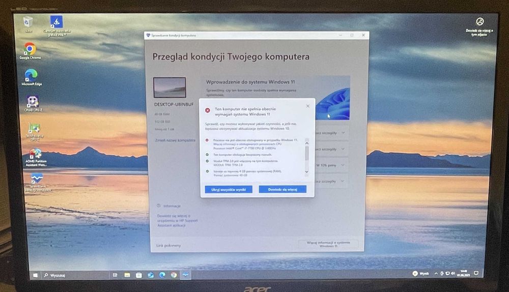 Komputer HP/i7-7700 4x3,6GHz/SSD 512GB M2/ram 40GB/Windows 10/HDMI