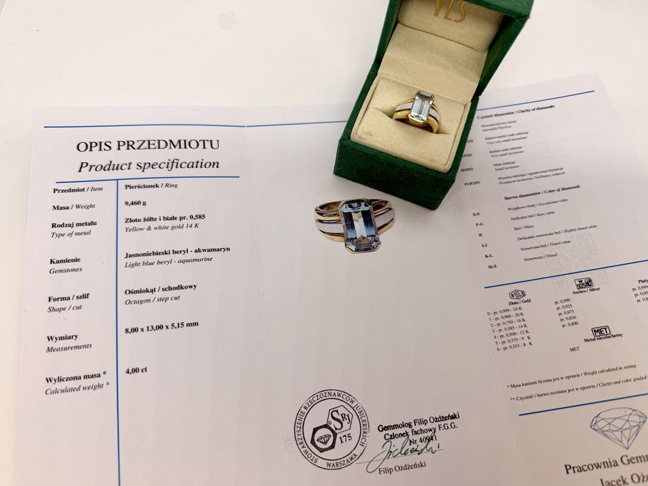 Złoty pierścionek z akwamarynem CERTYFIKAT - próba 585 - rozmiar 15