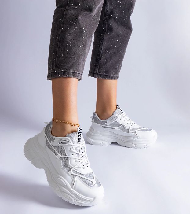 Białe sneakersy z brokatowymi wstawkami Rigel