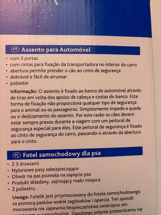 Assento automóvel para cão ou gato