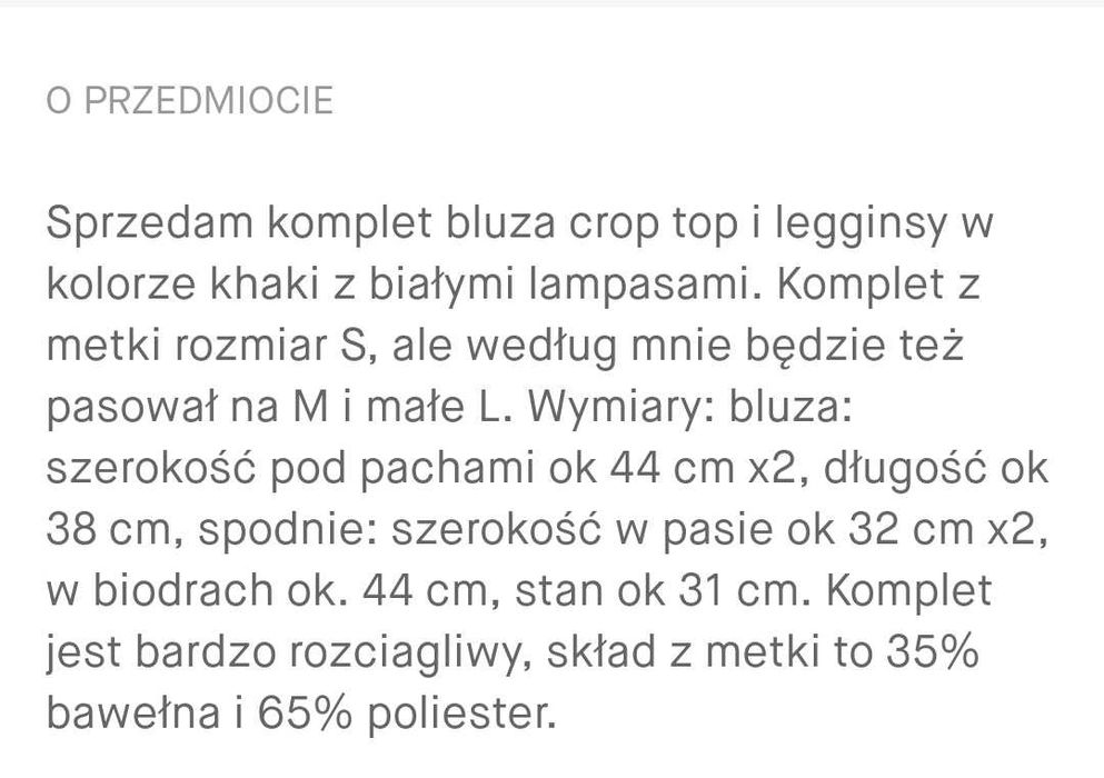 Nowy Dres khaki komplet top Crop bluza spodnie lampas nowe s M L