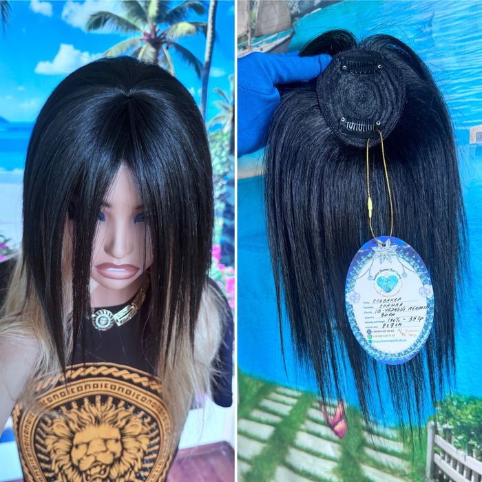 Натуральная накладка топпер челка славянские чёрные волосы