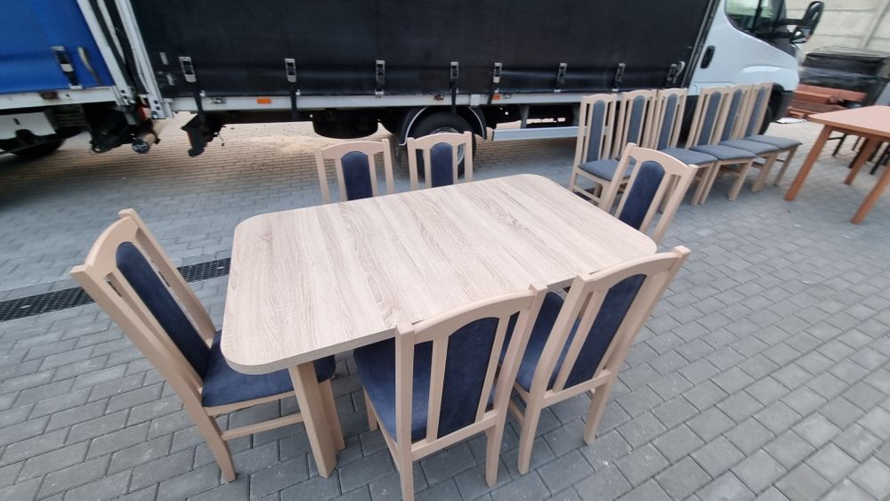Nowe: Stół 80x140/180 + 6 krzeseł, sonoma + metaliczny granat ,TRANSPL