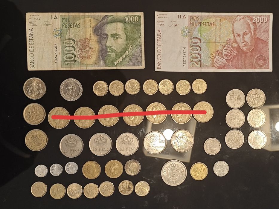 Lote de notas e moedas Peseta de Espanha