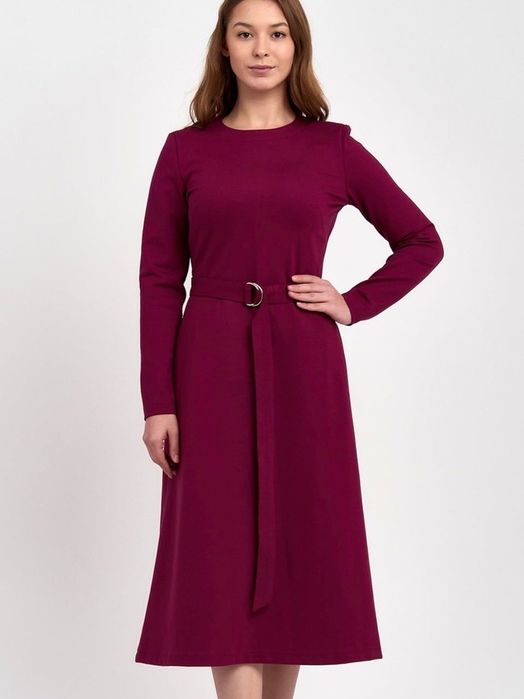 Весняна класична міді сукня-дзвін однотонна баклажанова на поясі