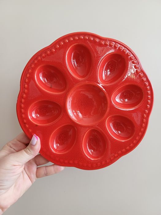 Talerzyk patera na jajka talerz taca czerwony ceramiczny półmisek vtg
