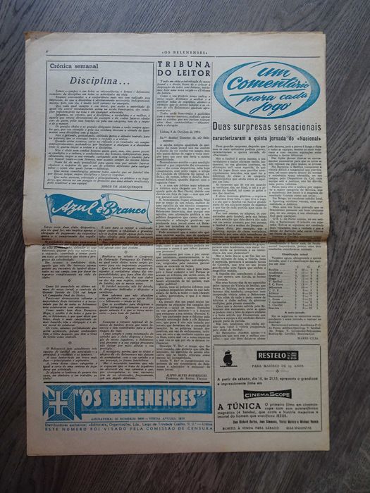 Antigo Jornal Belenenses Outubro 1954