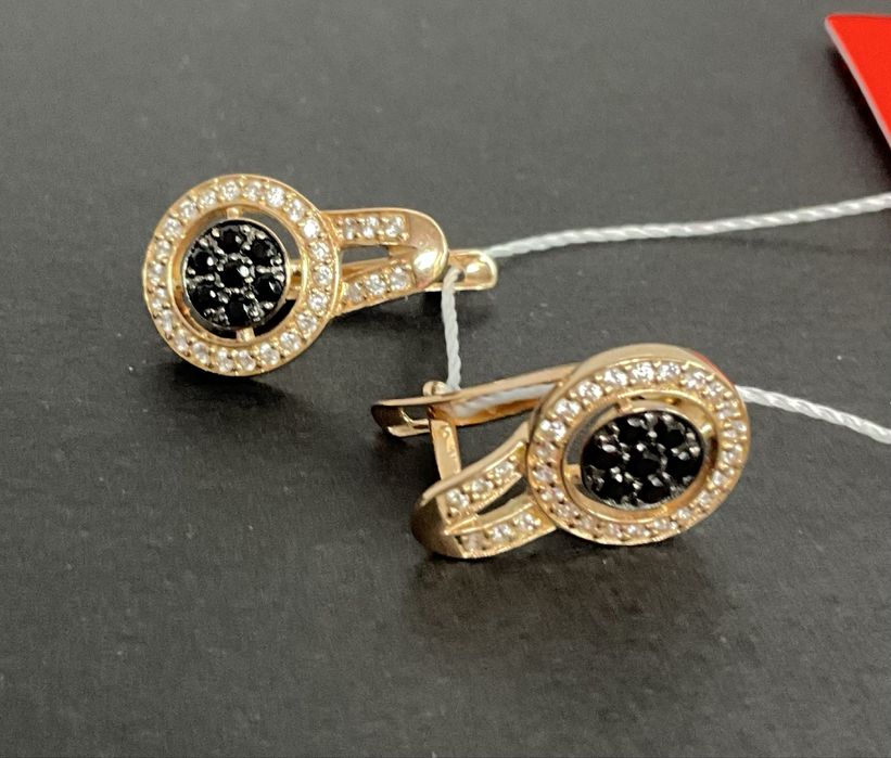 Сережки, золото585, красное, длина 1,8 см, цирконий