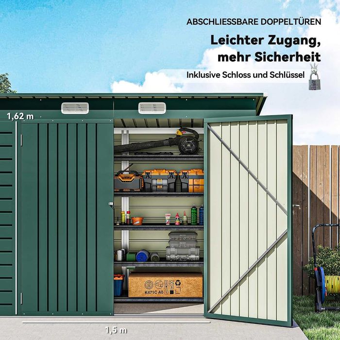 Domek ogrodowy 4,1m³, dach jednospadowy, 249x121x166/183 cm Zielony