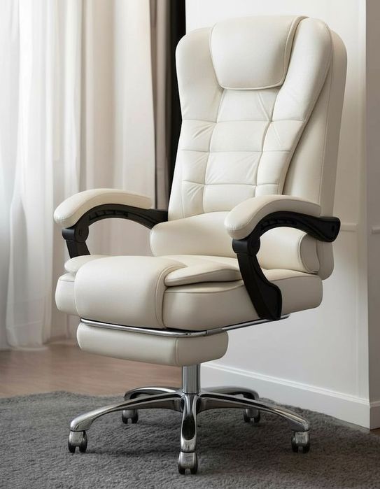 Fotel Obrotowy Krzesło Biurowe Kremowe PREMIUM‼️z Podnóżkiem Producent