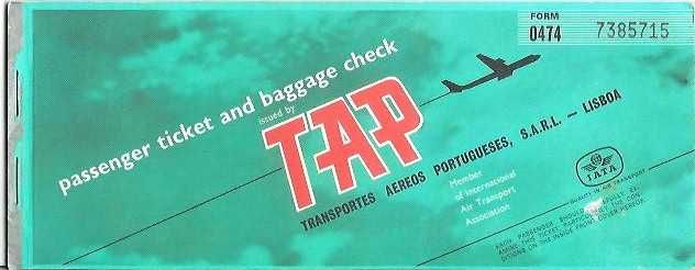 TAP - TRANSPORTES AÉREOS PORTUGUESES - bilhete muito antigo 1970 - aviação - airlines - airways