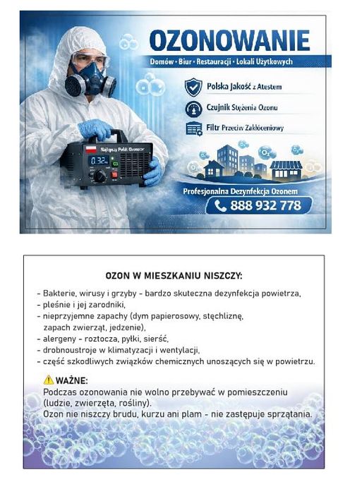 OZONOWANIE profesjonalnym urządzeniem  Domów Mieszkań Samochodów