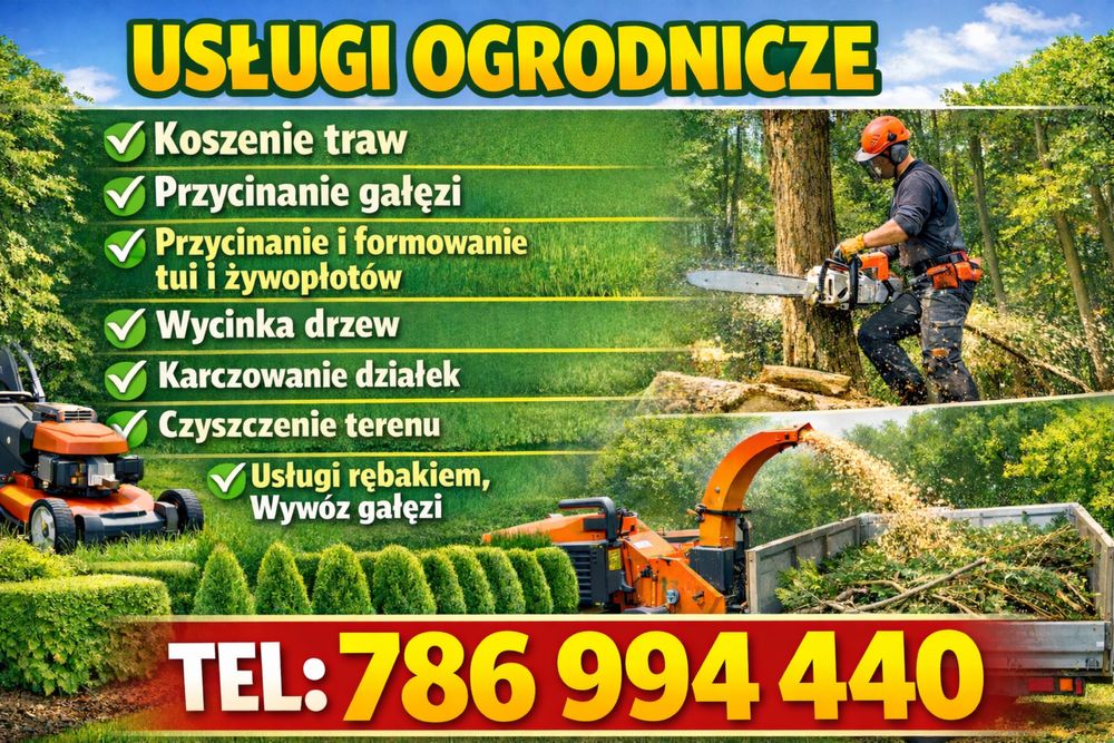 Wycinka drzew, przycinanie drzew, tui oraz żywopłotu, usługi rębakiem