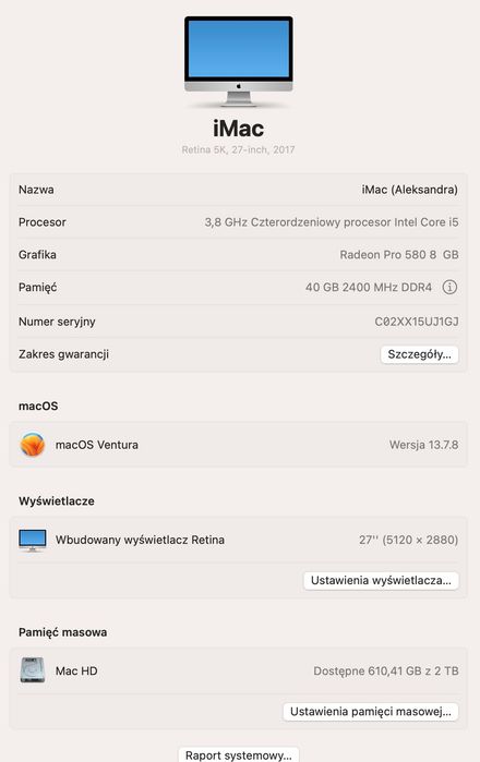 iMac Retina 5K, 27", 2017 (3.8GHz, 40 RAM, 2 TB)