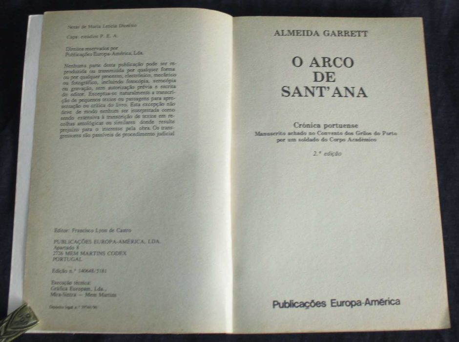 Livro O Arco de Sant'Ana Almeida Garrett Grandes Obras