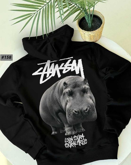 BIG Logo — Черное Худи Stussy Hippo — Кофта Чорна Стусси Большой Прнит Бегемот