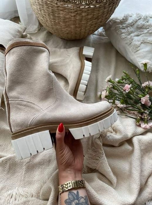 Eleganckie botki traktory naturalna skóra