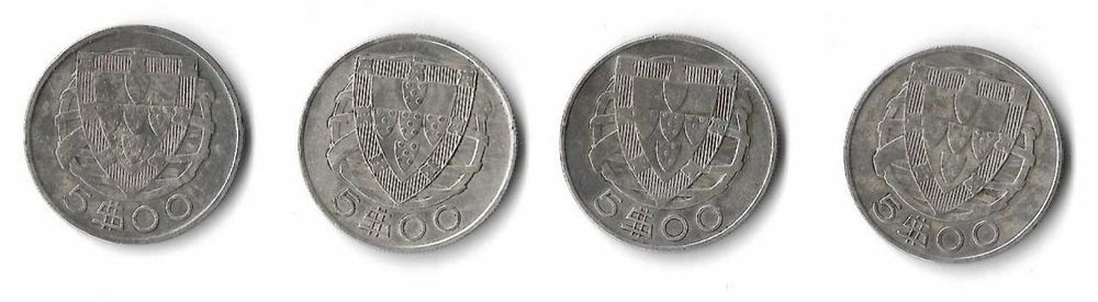 4 Moedas Portuguesas de Prata de 5$00