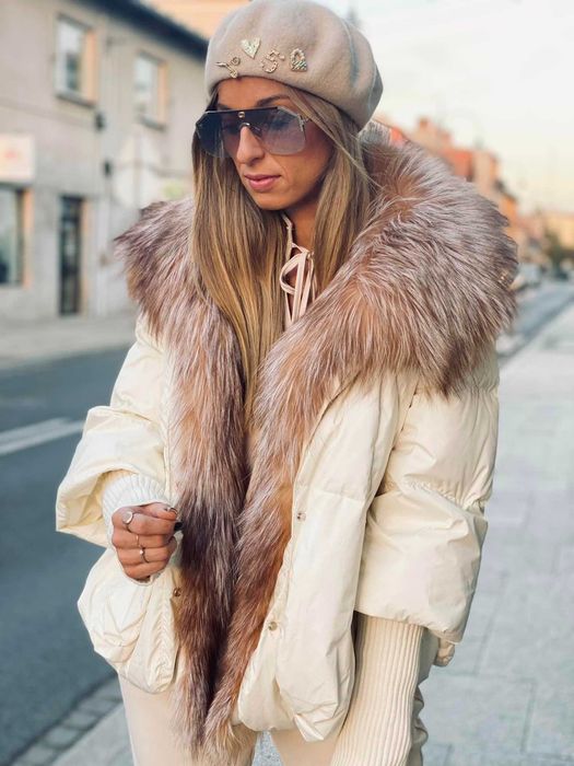 Kurtka Puchowa Ecru Lis Naturalny Futerko Najtaniej !