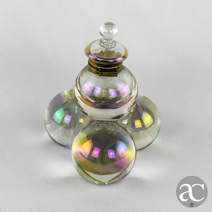 Raro Tinteiro iridescente em Cristal Bohemia e metal dourado