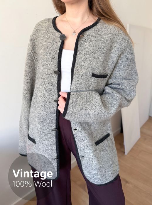 Szary wełniany sweter rozpinany kardigan Vintage 40 L oversize gruby
