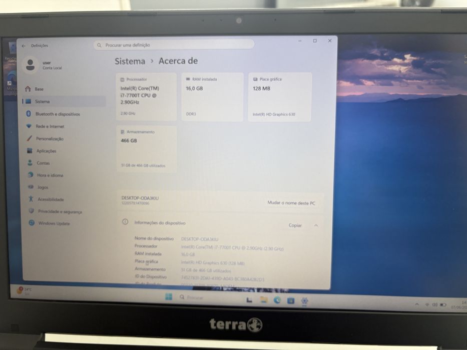 Portatil Terra i7 7gen 16gb 500ssd Win11 FHD