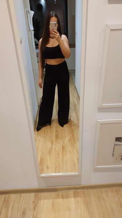 czarne spodnie szeroka nogawka materiał eleganckie klasyczne  s m