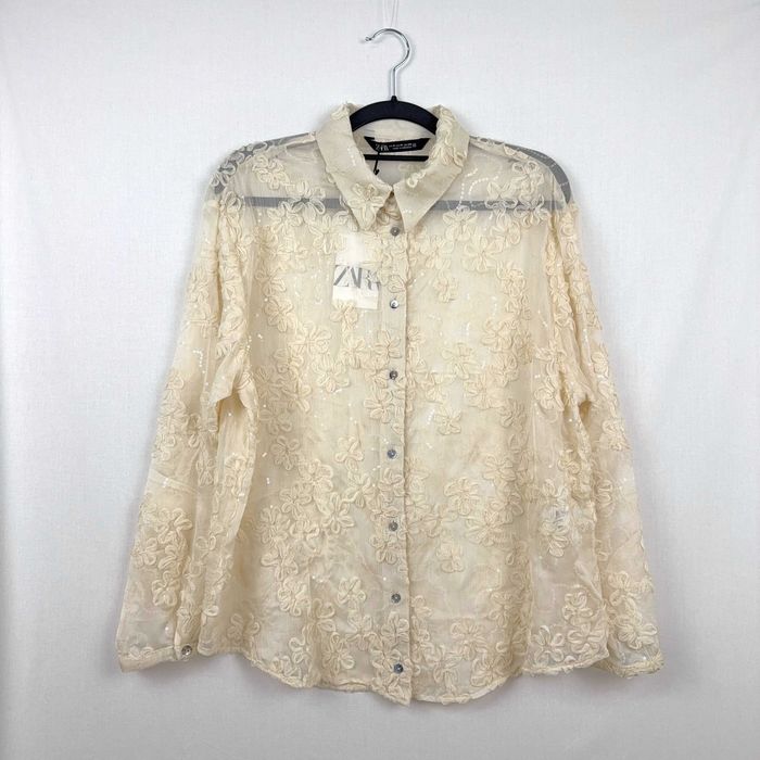Camisa Transparente de Renda com Lantejoulas Zara M Elegante