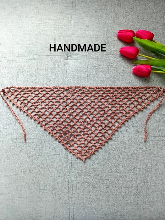 Nowa chusteczka wiązana na głowę handmade szydełkowa brązowa ażurowa bandana chustka mała