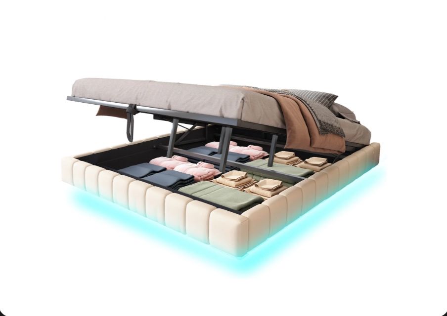 Cama (180x200cm) com baú estofada com LED - NOVA