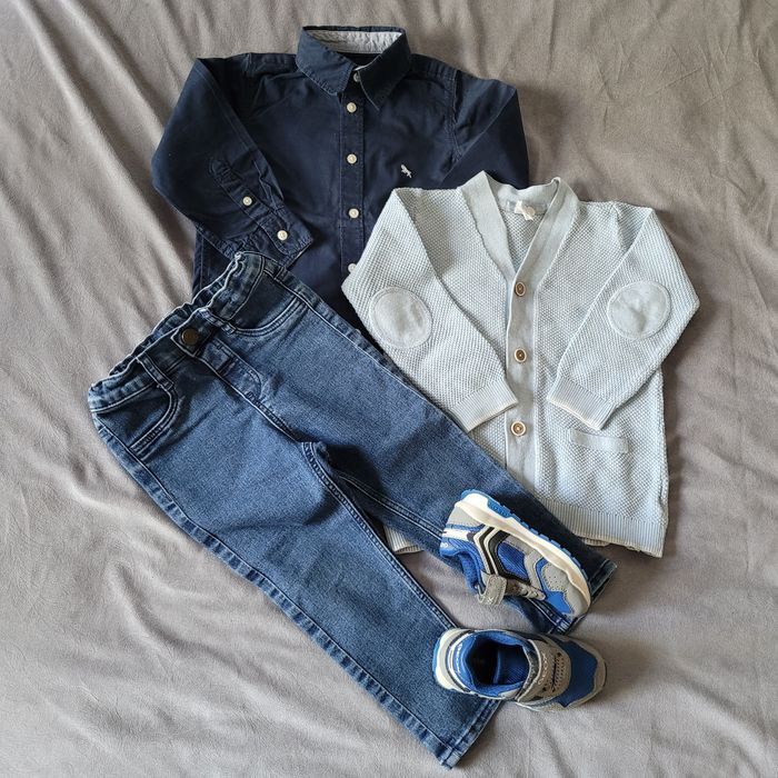 Zestaw h&m 92 granatowy jeansy koszula sweter geox  24