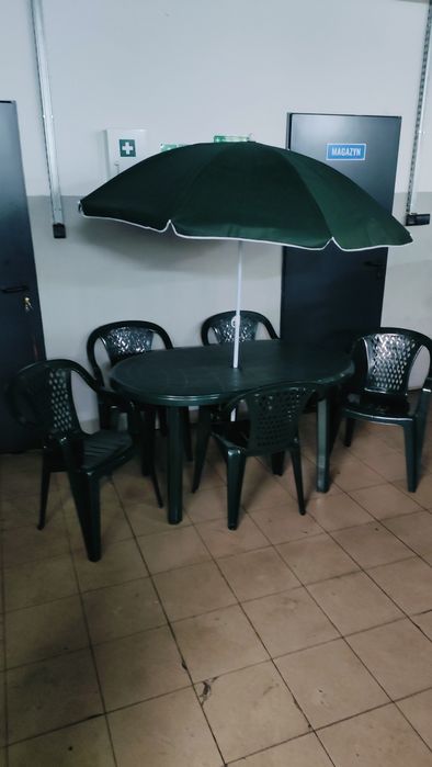 Meble ogrodowe 6+1 stół krzesła i parasol zielony nowe