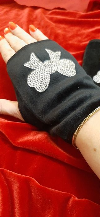 Rekawiczki czarne welur cyrkonie srebrne nowe bez palców